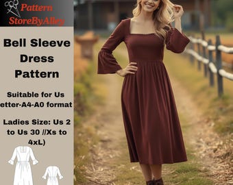 Patrón de vestido con mangas acampanadas, auténtico, premamá, estilo Regencia, bohemio, étnico, 2/30/A0-A4