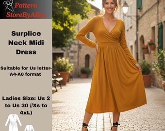 Vestido midi de manga larga con cuello cruzado, modelo de costura, color sol, lechera, liso/ A0-A4/2-30