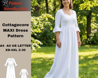 Patrón de costura para vestido largo estilo cottagecore, manga acampanada, camisola renacentista, regencia, camisola medieval, hada, tallas XS-4XL