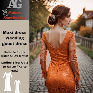 May include: A sewing pattern for a maxi dress, suitable for sizes XS to 4XL. The pattern is for a wedding guest dress and is printed on A4 or A0 paper. The image shows a model wearing the dress in a burnt orange color.