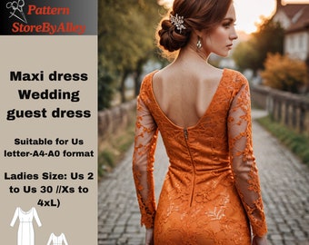 Maxi Wedding guest dress,deep round Neck Sewing pattern,Suitable for Us letter-A4-A0 format