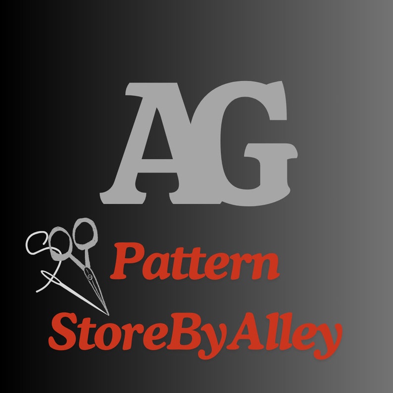 May include: A logo for a pattern shop called "AG Pattern StoreByAlley". The logo is in white text on a black background. The text is in a bold, sans-serif font. There are stylized scissors and a needle below the text.