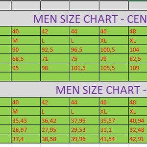 May include: A size chart for men's clothing, showing measurements in inches and centimeters. The chart includes sizes from 36 to 56, with corresponding measurements for bust/chest circumference, waist circumference, and hips circumference.