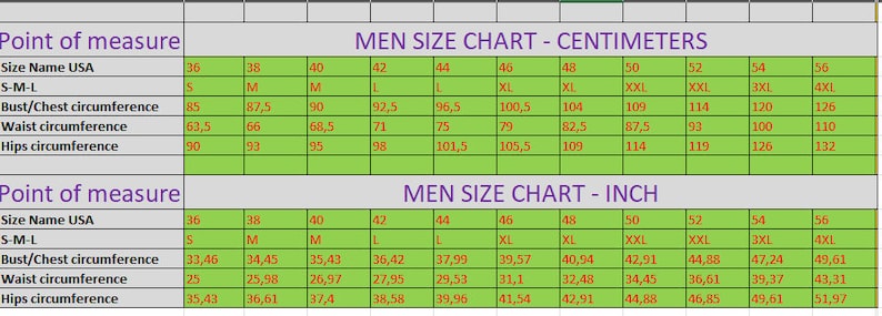 May include: A size chart for men's clothing, showing measurements in inches and centimeters. The chart includes sizes from 36 to 56, with corresponding measurements for bust/chest circumference, waist circumference, and hips circumference.
