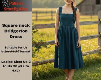 Patrón de vestido Bridgerton de escote cuadrado, estilo cottagecore, de verano, fruncido, para mujer - 2/30 - A0-A4