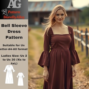 Glockenärmel Kleid Schnittmuster, authentisches Kleid, Umstandskleid, Regency Kleid, Elfen Kleid, Ethnisches Kleid Schnittmuster, Boho Kleid Schnittmuster
