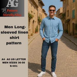 Men's Long-sleeved linen shirt pattern,Boho,Casual Long Sleeve Shirt Sewing,Summer,S-4XL