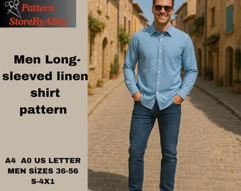 Men's Long-sleeved linen shirt pattern,Boho,Casual Long Sleeve Shirt Sewing,Summer,S-4XL