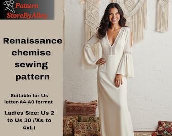 Vestido renacentista, vestido cottagecore, cosplay medieval, patrón de hadas, fantasía, adecuado para nosotros (carta A4-A0)