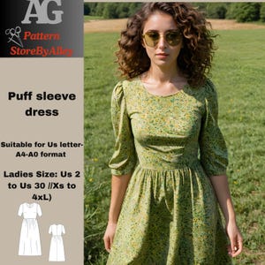 May include: A woman wearing a green puff sleeve dress with a floral pattern. The dress has a fitted bodice and a flared skirt. The image also includes text that reads "Puff sleeve dress" and "Ladies Size: Us 2 to Us 30 //Xs to 4xL)".