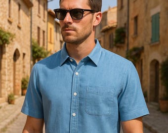 Patrón de costura para camisa de manga corta para hombre, informal, de lino, con bolsillo, verano, tallas 36-56