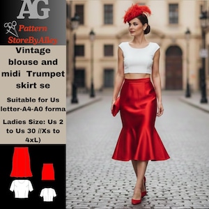 Vintage Blouse and Trumpet Skirt Sewing Pattern/Women (US Letter-A4-A0)