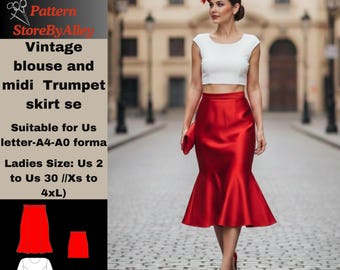 Patrón de costura para blusa y falda trompeta vintage para mujer (carta estadounidense: A4-A0)