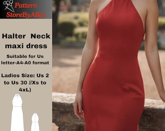 Vestido largo con cuello halter, patrón de costura, talla US (carta A4-A0)