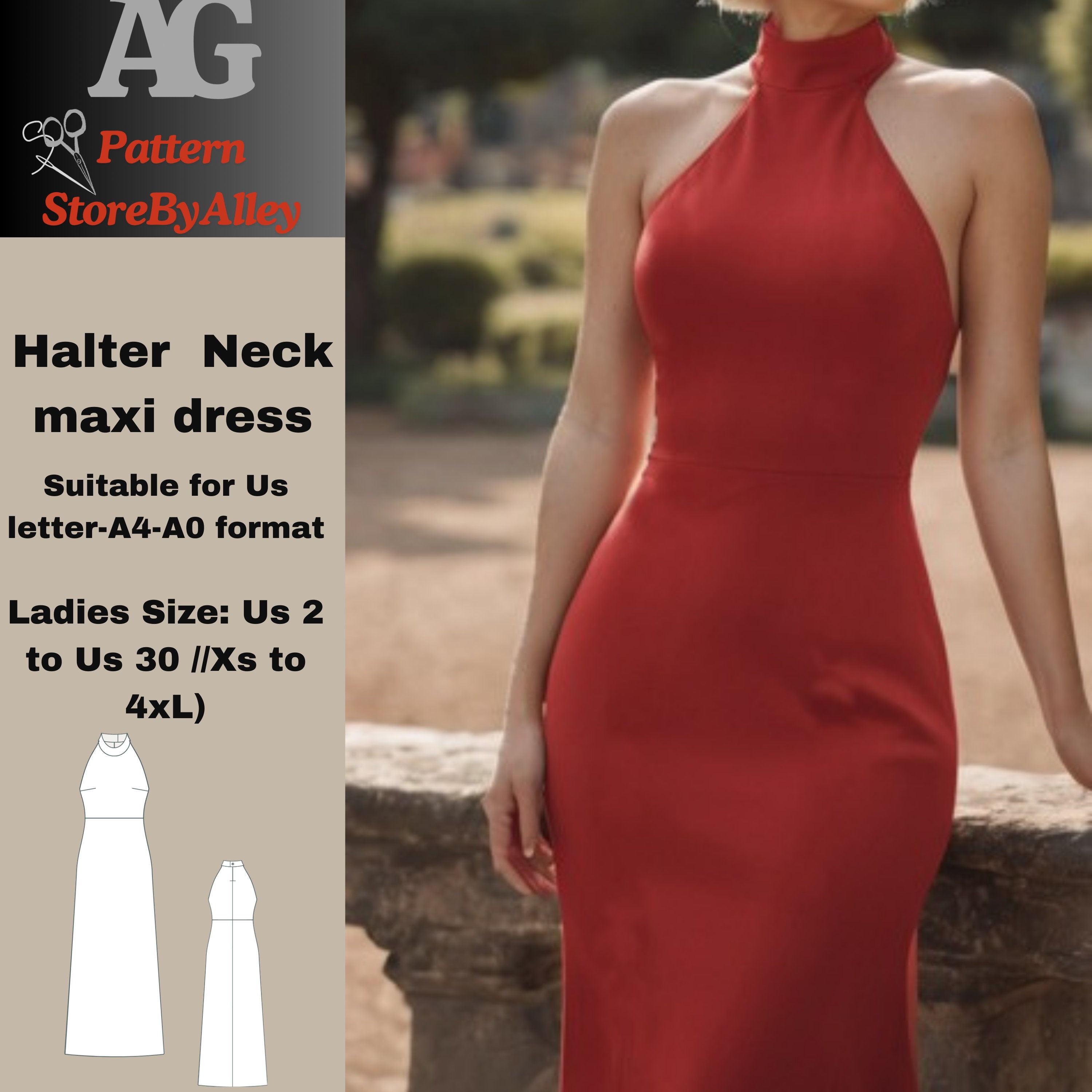 Halter Neck Maxi Dress Sewing Pattern PDF, Backless Evening Gown ...