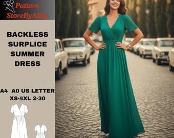 Vestido largo con escote en V, patrón de costura, manga corta, talla US 2-30/ XS-4xL/A0/A4