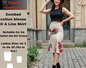 Conjunto de blusa de algodón peinado y falda acampanada, patrón de costura, top sencillo y fácil, formato carta estadounidense A4-A0