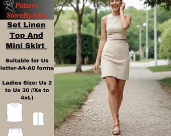 Patrón de costura para conjunto de top y minifalda de lino, verano, PDF digital, 2/30