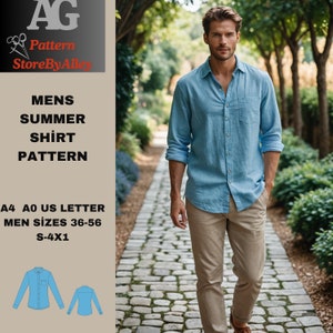 Linen men&#39;s shirt, Casual men&#39;s shirt, summer shirt sewing pattern, Men&#39;s Shirt pattern, Men Sewing Pattern, S-4XL,S-4XL