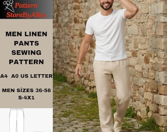 Patrón de costura para pantalones de lino para hombre, verano, tallas: 36 a 56 XS-4XL