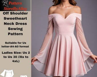 Patrón de vestido de un solo hombro, patrones de costura acampanados, asimétrico, EE. UU. 2/30