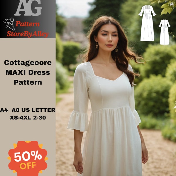 Cottagecore Maxi Dress Sewing Pattern, Flare Sleeve Dress, Renaissance Chemise, Regency, Medieval Chemise, Fairy Dress, XS-4XL