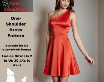 Patrón de vestido de un solo hombro, patrones de costura acampanados, asimétricos, tallas 2-30 de EE. UU.