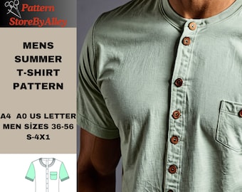 Slim fit Men T-shirt,sewing pattern,easy,Summer,Linen,Size;36 to 56/A0-A4-Letter