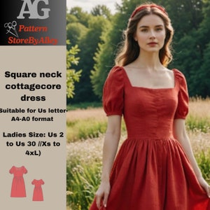Vestido fruncido, vestido cottagecore de cuello cuadrado, patrón de costura, patrón de vestido, vestido, vestido de verano, adecuado para formato carta A4-A0.