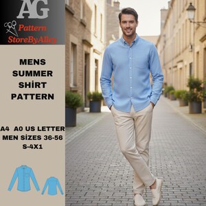 Linen men's shirt, Casual, summer sewing pattern, S-4XL,S-4XL