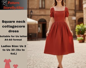 Vestido fruncido, escote cuadrado, estilo cottagecore, patrón de costura, verano, apto para formato carta A4-A0.