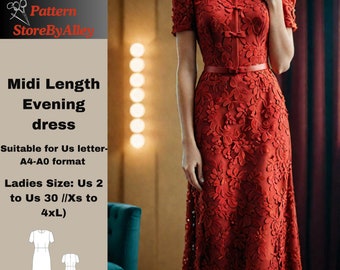 A-line Midi Formal,natural waist dress Sewing pattern,Suitable for Us letter-A4-A0 format