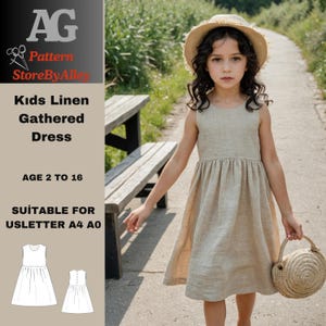 Patrón de costura de vestido de verano de lino fruncido para niños, vestido de niña sin mangas con gorra acampanada, adecuado para letras A4-A0-US - DXF, rango de edad 2-16 años