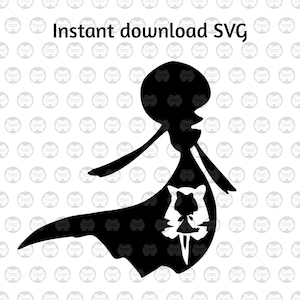 May include: Black silhouette of a character with a flowing cape, featuring a detailed design on the cape. The image includes the text "Instant download SVG" at the top. The design is suitable for digital art projects.