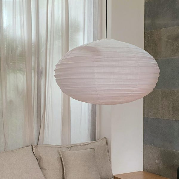 Shinra Leinen Deckenlampenschirm | Wabi Sabi Tellerförmige Hängeleuchte, Japandi Akari Lampe, Ovale Hängeleuchte, skandinavischer UFO Lampenschirm