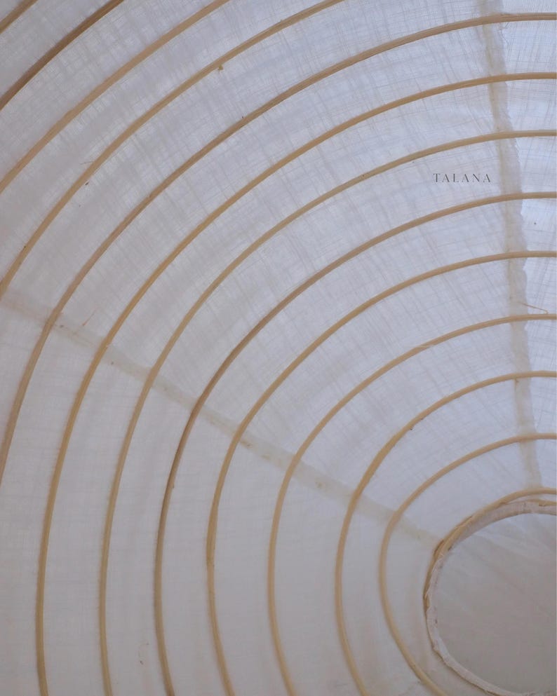 May include: A white fabric lampshade with a circular structure featuring concentric wooden ribs. The material is semi-translucent, allowing light to diffuse through the weave. The word TALANA is printed in small, dark letters on the fabric surface.