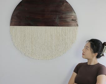 ONA Half Moon Macrame Wall Hanging: Teak & Ivory Cotton Fiber Art, Circular Macrame Wall Art, Contemporer Minimalist Japandi Corner Decor