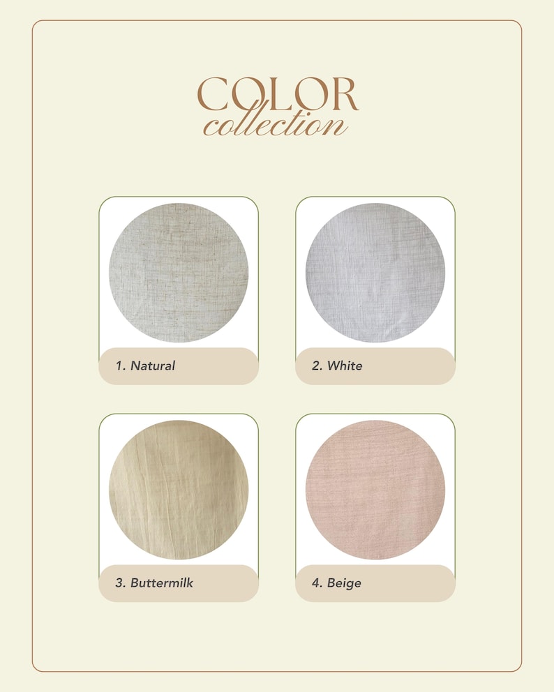 May include: A color collection chart featuring four circular fabric swatches labeled 1. Natural, 2. White, 3. Buttermilk, and 4. Beige. The swatches display distinct woven textures in shades of light tan, off-white, pale yellow, and soft pinkish-tan.