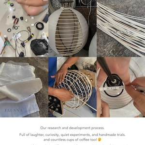 May include: A collage showing the production process of a spherical lamp, including tools, a wire frame, fabric strips, and a measuring tape showing a diameter of approximately 1.5 inches. The text reads: Our research and development process.