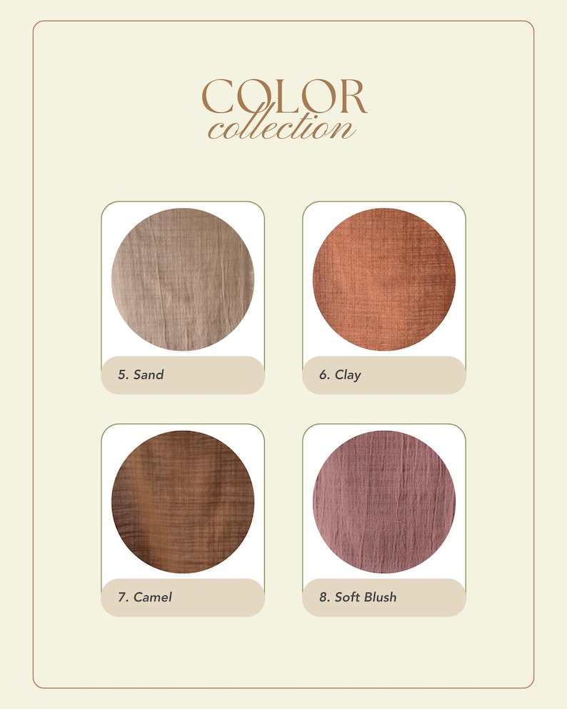 May include: A color collection chart featuring four circular fabric swatches with a visible woven texture. The swatches are labeled 5. Sand, 6. Clay, 7. Camel, and 8. Soft Blush, displaying neutral and earthy tones in a grid layout on a light background.
