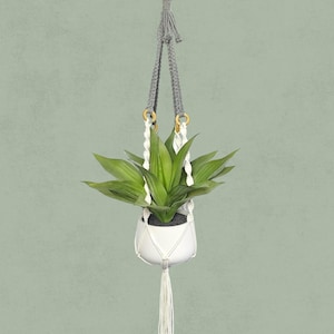 May include: A white ceramic hanging planter with a green plant. The planter is suspended by a gray macrame hanger with wooden rings and a tassel. The plant has long, green leaves. The background is a solid, muted green.