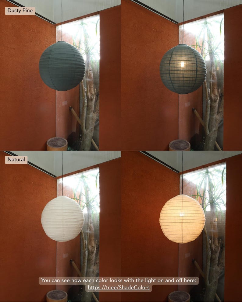 May include: A spherical paper pendant lamp shown in two color variations: Dusty Pine and Natural. Each color is displayed in two states, with the internal light turned off and turned on, revealing the texture of the paper material and the glow.