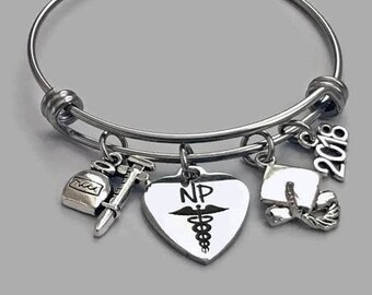 NP Bracelet, NP Charm, Nurse Practioner Bracelet, Nurse Practitioner Charm, Charm Bangle, Graduation Bracelet, Nurse Jewelry