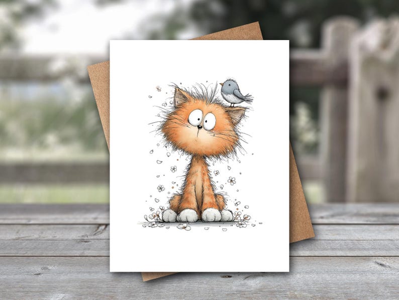 Quirky Cat & Bird Note Card | Whimsical Stationery bild 1