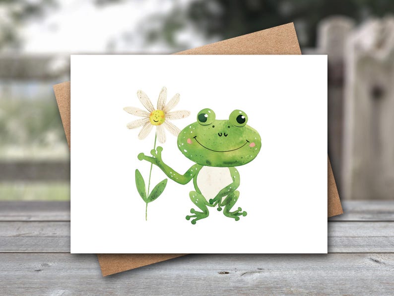 Frog with Daisy Notecards | Linen Stationery imagen 1