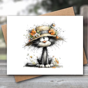May include: A whimsical greeting card featuring a cartoon cat wearing a straw hat adorned with orange and white flowers. The black and white cat is sitting in a field of flowers. The card is on a brown envelope, perfect for sending a special message.