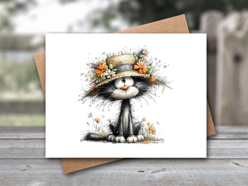 May include: A whimsical greeting card featuring a cartoon cat wearing a straw hat adorned with orange and white flowers. The black and white cat is sitting in a field of flowers. The card is on a brown envelope, perfect for sending a special message.