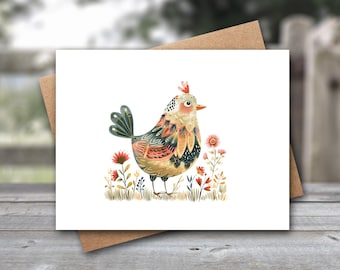 Tarjetas de notas con arte popular de pollos / Papelería de aves en blanco