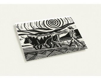 May include: Black and white woodcut print of a farmer plowing a field with a team of oxen. The print depicts a stylized landscape with a sun in the sky and a farmer in a hat walking behind the oxen.
