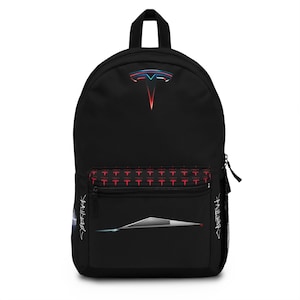 May include: Black backpack with a red and blue Tesla logo on the front. The backpack has a red and white patterned pocket with the Tesla logo repeated. The bottom of the backpack has a white graphic of a car with the word "Tesla" written on either side.